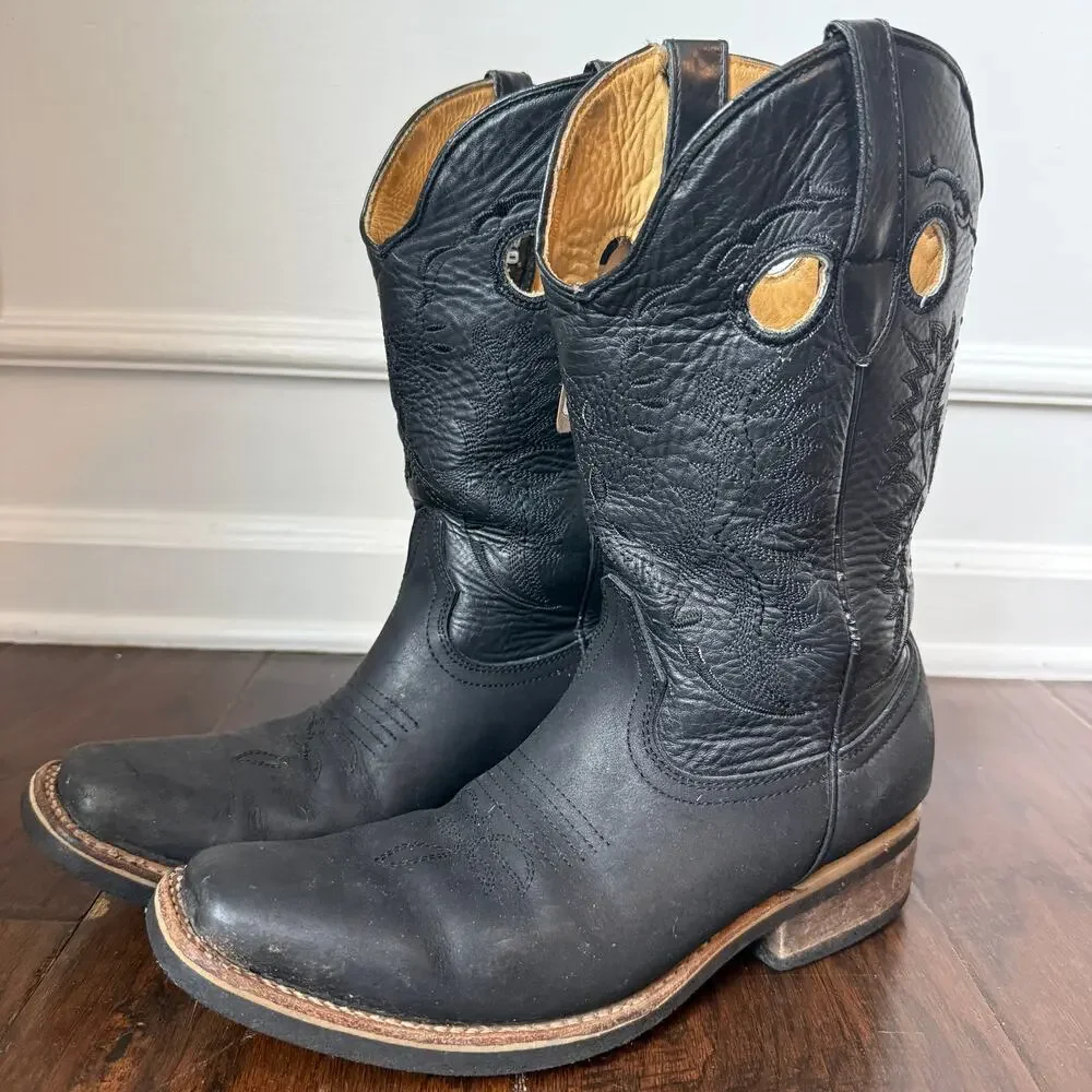 Potrero Leather Cowboy Boots Black Western Square Toe Rodeo Men's 8.5